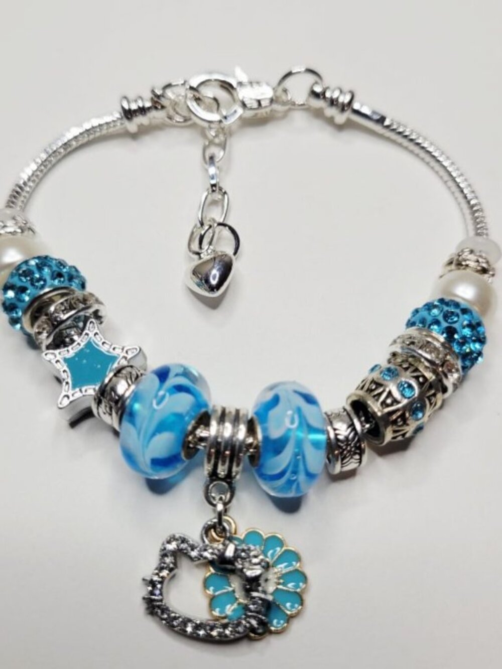 NWT Hello Kitty Pandora Style Charm Bracelet Silver Color Aqua Blue Rhinestones - Picture 3 of 8